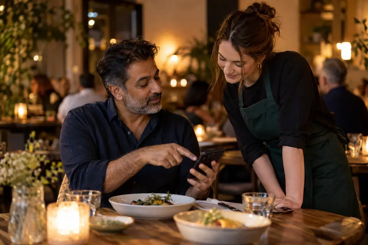 A server and a visiting guest talk over the menu at a table, the guest pointing at a phone.