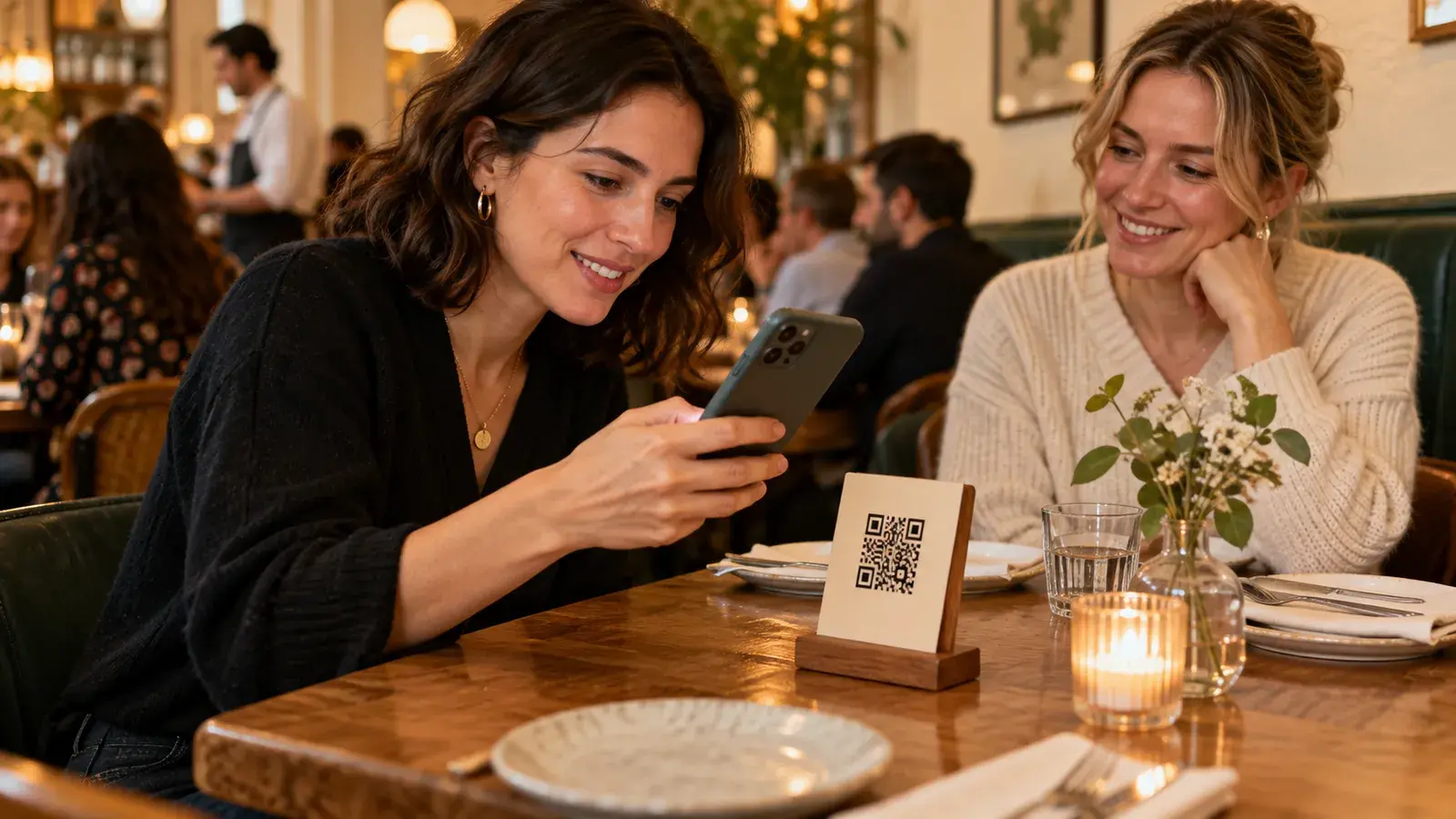 A guest looks at her phone beside the QR code card on a restaurant table, her friend smiling across from her.