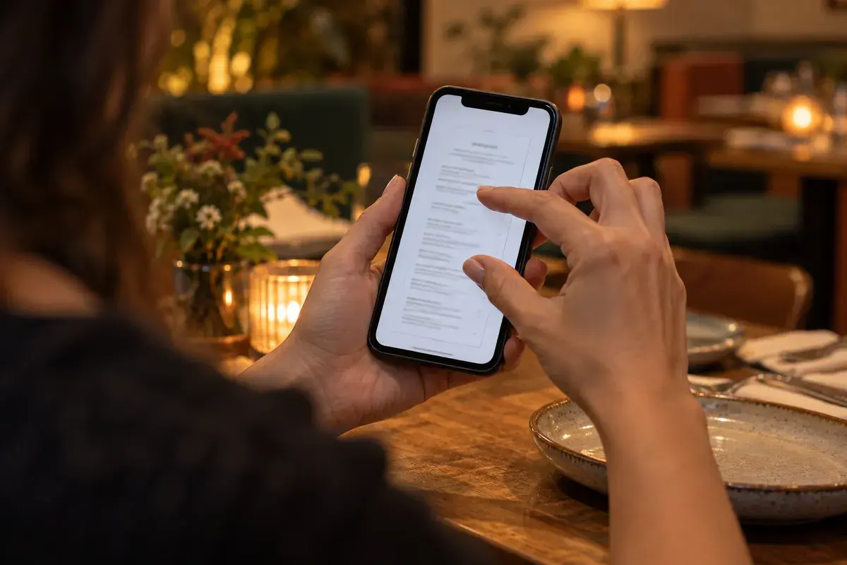A guest taps through a small PDF menu on a phone in a dimly lit restaurant.