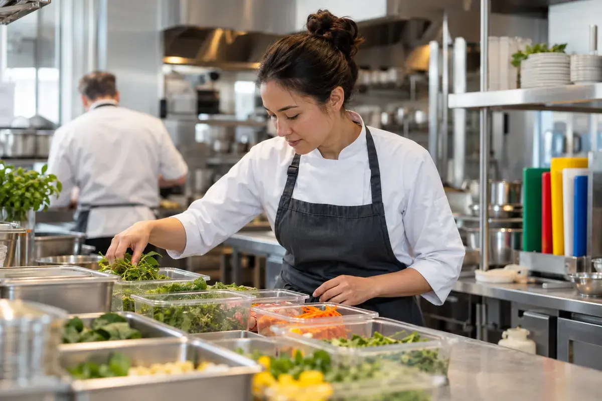 A chef checks ingredient containers on a steel counter in a clean professional kitchen.