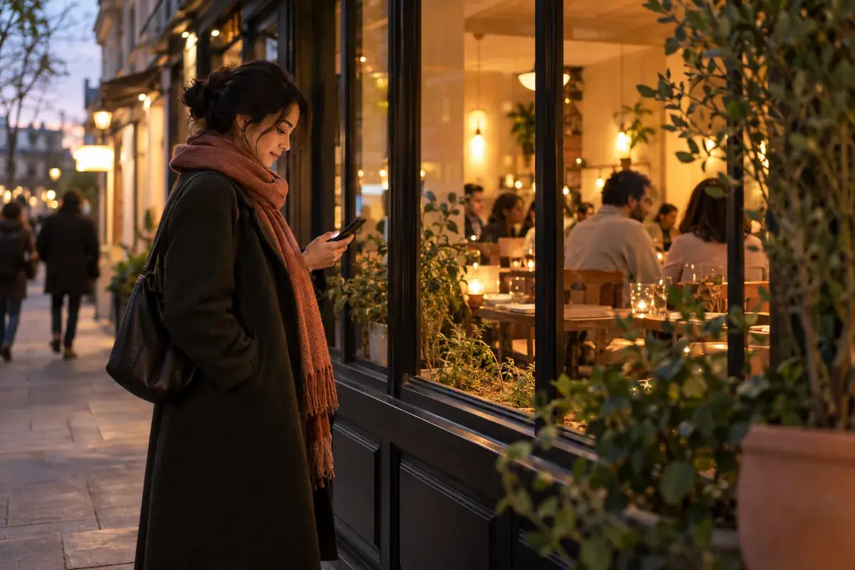 A passer-by checks a phone outside a warmly lit restaurant window at dusk.