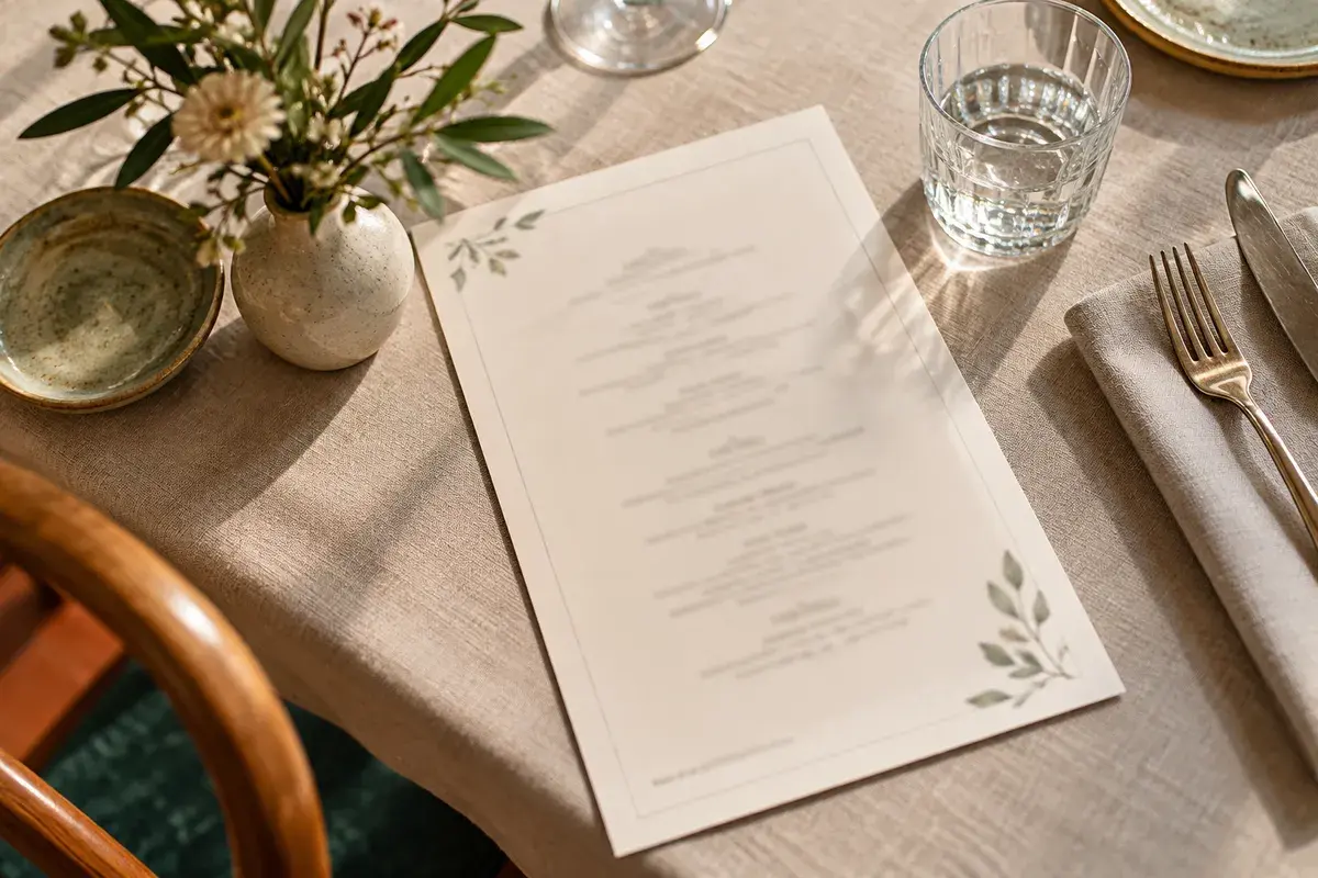 A printed one-page menu on a linen-covered restaurant table beside cutlery and a water glass.