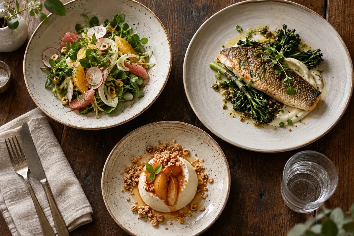 Three plated dishes from one menu on a dark wood table: a fresh salad, grilled fish and a simple dessert.